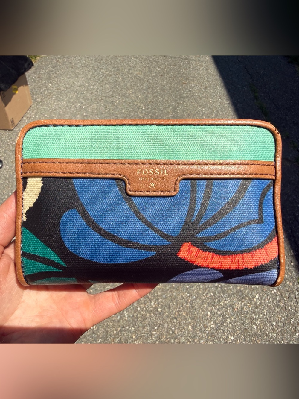 Fossil Floral Canvas Wallet in Teal, Blue & Brown